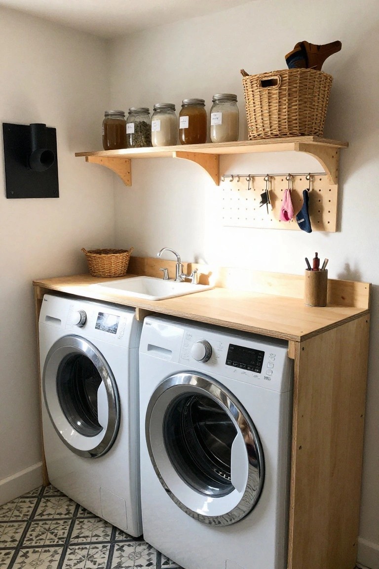 A compact laundry room with two white front-loading washing machines built into a light wood plywood cabinet topped with a wooden counter and white sink, shelves holding glass jars and a wicker basket above, pegboard hooks on the wall, and tiled floor.