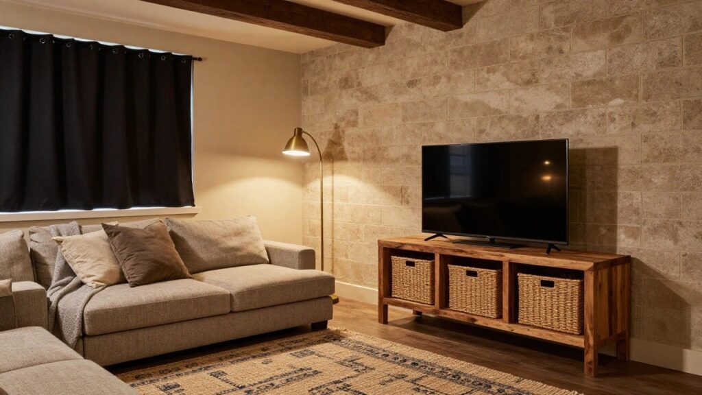 Basement living room with exposed wood beam ceiling, beige block walls, arched floor lamp, gray sofa, wooden TV console with wicker baskets and flat-screen TV, and beige patterned rug on hardwood floors.