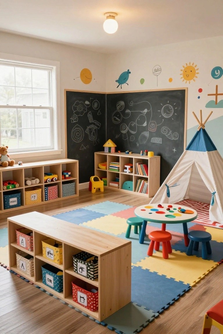 Children's playroom interior featuring low open wooden shelves with labeled colorful bins of toys, interlocking foam play mats on the floor, a small round table with stools, chalkboard wall with drawings, teepee tent, and bookshelves.