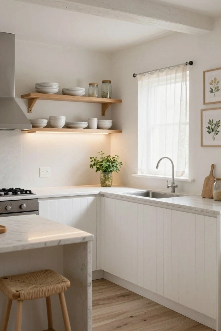 A bright white kitchen with shaker-style cabinets, marble countertops, oak open shelving displaying stacked white plates bowls and glass jars, gas cooktop, stainless steel range hood, sink under a sheer-curtained window, potted plant, and rattan stool at the island.