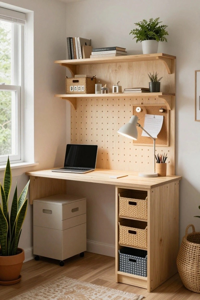 Wooden corner desk with pegboard back wall holding a desk lamp, pencils, and corkboard with notes, open shelves above displaying books and plants, laptop on desk surface, wicker baskets in cabinet below, snake plant and stool nearby in room with window.