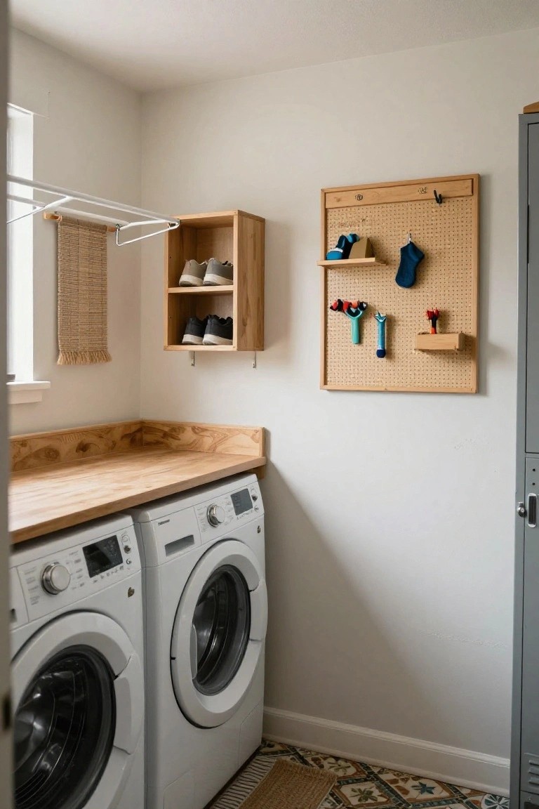 Laundry room interior with two white front-loading washers under a birch wood countertop, wooden shoe shelf nearby, pegboard panel holding tongs socks and utensils, drying rack, and gray metal locker.