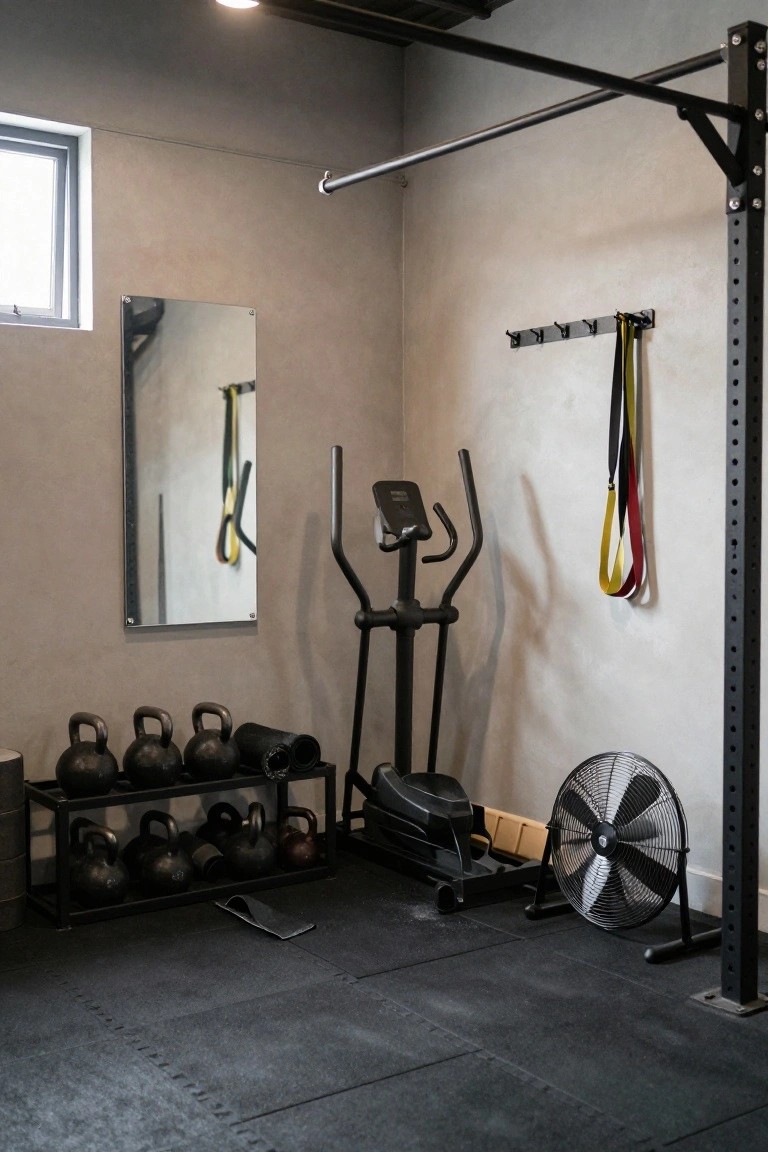 Home gym in a basement with black metal rack holding kettlebells, elliptical machine nearby, pull-up bar on wall, mirror, hanging resistance bands, and fan on rubber mat flooring.