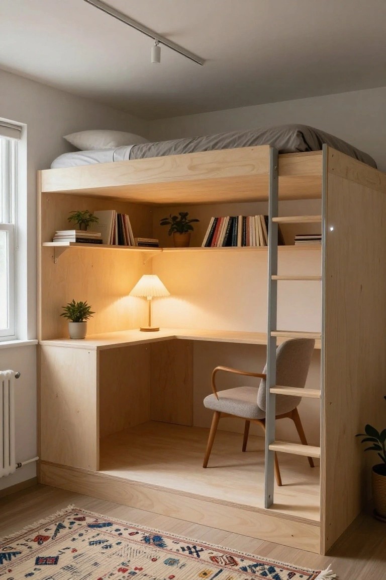 Space-Saving Loft Bed with Desk Below