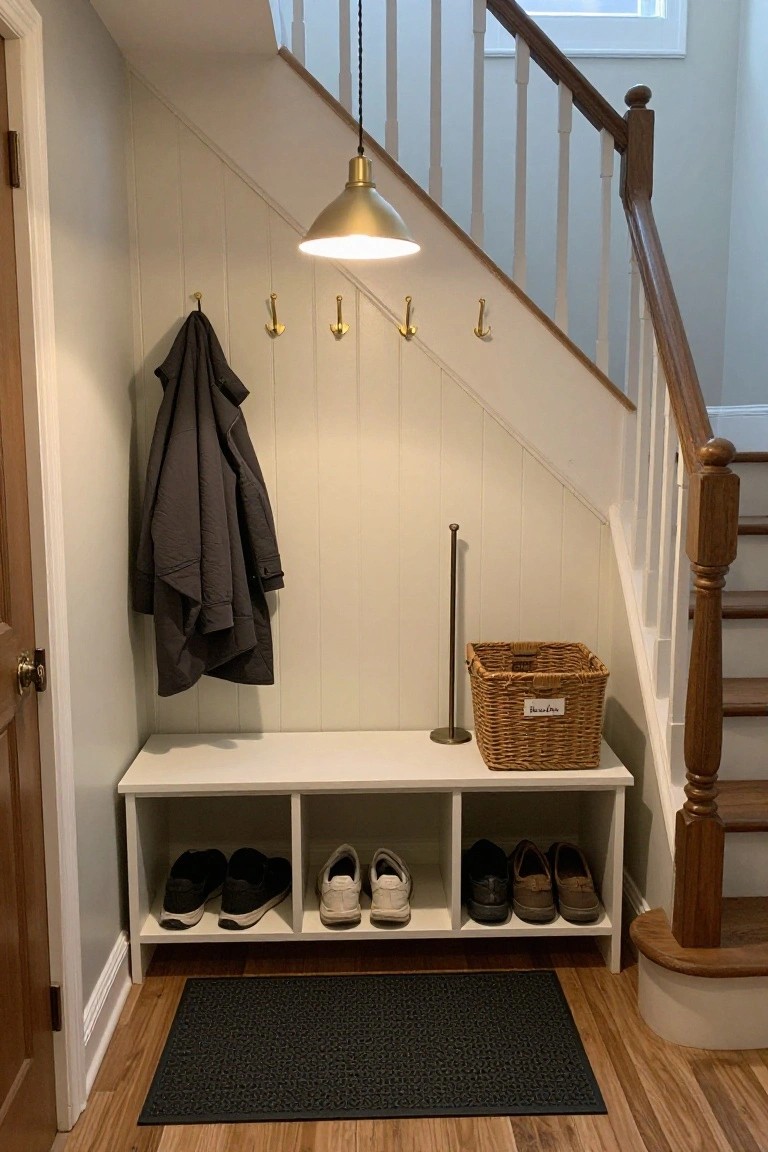 Cozy under-stair nook with white bench featuring shoe cubbies, brass hooks holding a gray coat, tall wicker basket labeled umbrellas, black rubber mat, and oak staircase with beige shiplap wall.