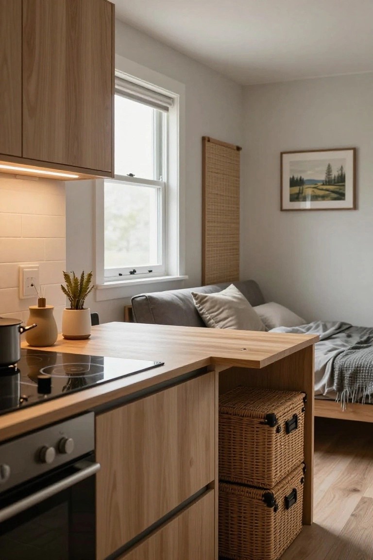 Compact kitchen area with light wood upper and lower cabinets, light oak peninsula counter extending to a platform bed with gray bedding and pillows, wicker storage baskets underneath, induction cooktop, white subway tile backsplash, potted plants on counter, and window with blinds in a small white-walled room.