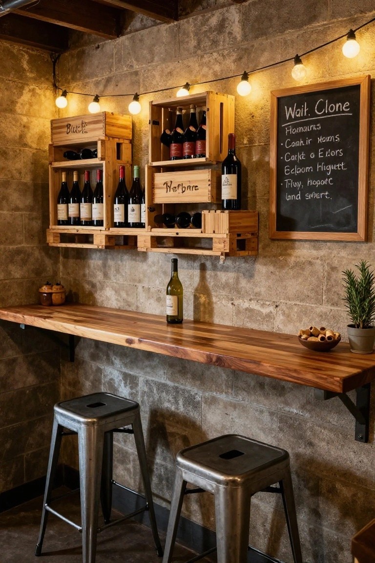 Basement bar area with stacked wooden crates as wine racks on exposed brick wall, wooden countertop, two metal stools, string lights, chalkboard menu, wine bottle on bar, potted plant, and bowl of nuts.