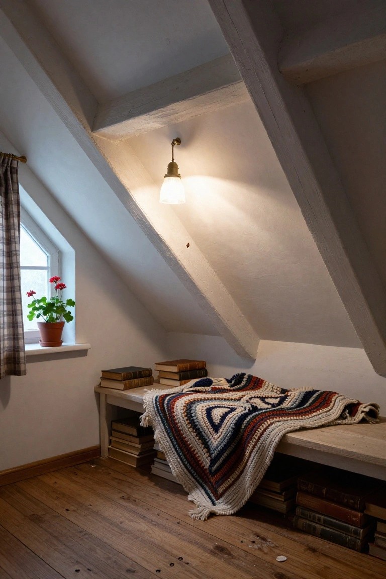 Wooden bench under sloped white ceiling in attic room, covered with colorful crocheted blanket and surrounded by stacked books, next to window with red geranium plant on sill, wooden floor, exposed beams, and wall lamp.