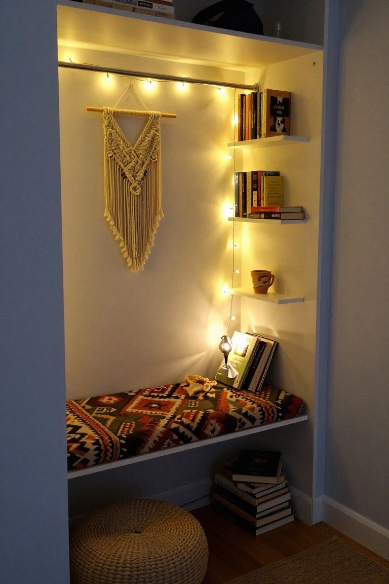 Built-in white closet alcove as a reading nook with books on shelves, yellow string lights, macrame wall hanging, colorful patterned cushion on bench seat, mug on shelf, open book with lamp, and woven pouf stool below.
