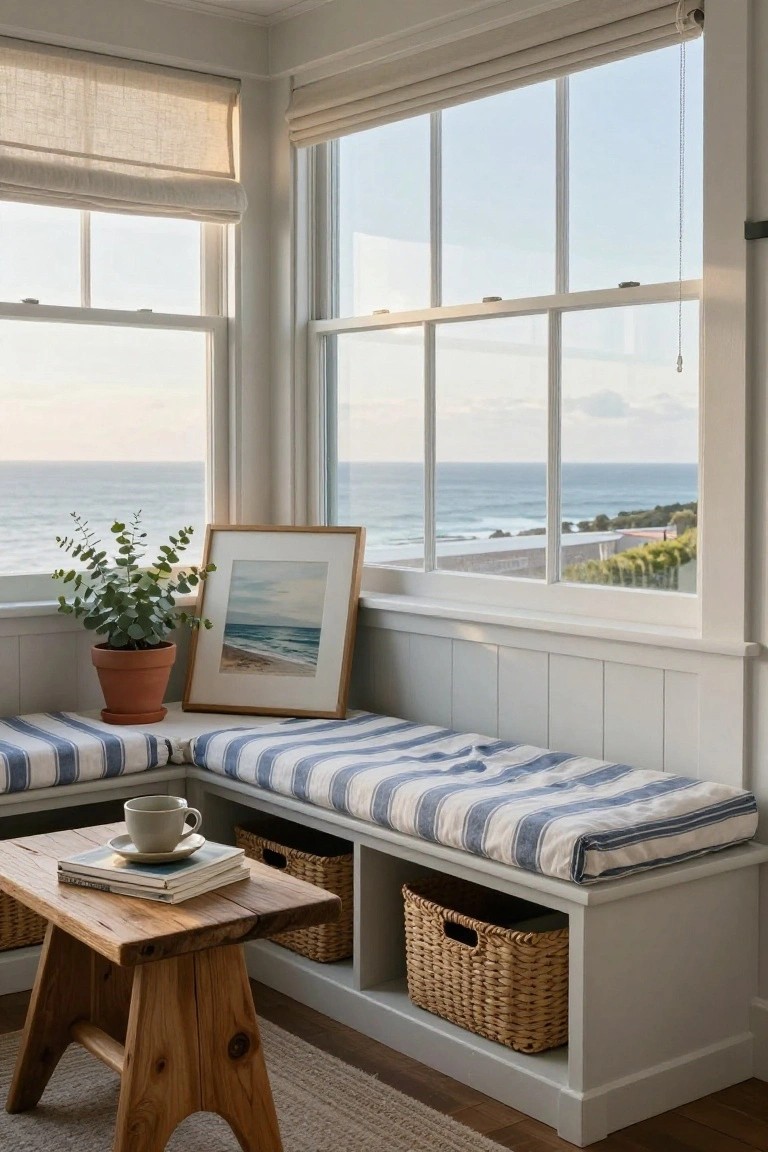 White corner bench seat with blue and white striped cushions and storage cubbies holding woven baskets, next to a small wooden stool table with books and a teacup, potted eucalyptus plant, framed ocean painting, large windows showing ocean view.