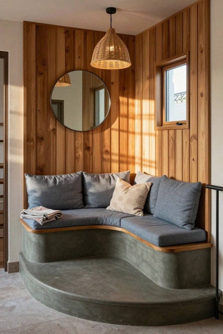 Corner indoor reading nook with curved elevated gray bench topped by blue-gray cushions and a throw blanket, against vertical wood-paneled walls, round black mirror, rattan pendant light, and small window.