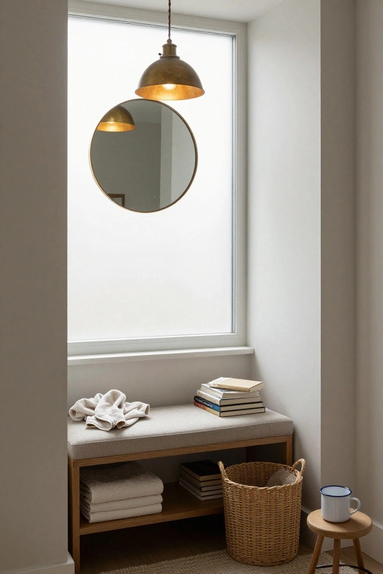 Light beige cushioned bench under a tall window in a pale room, with stacked books and folded white towel on top, towels and basket stored below, small wood stool nearby, brass pendant light above, and round mirror hanging by the window.