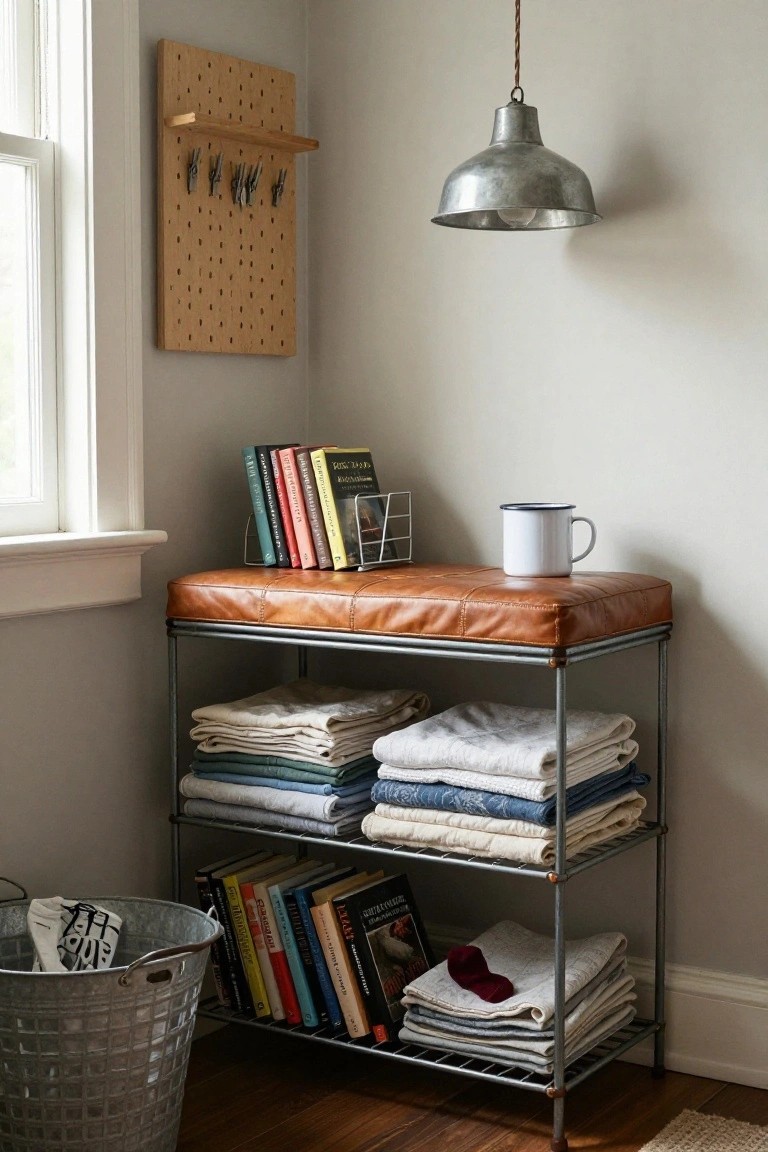 Corner indoor setup with tan leather bench on black metal shelving unit holding colorful books, white folded linens, and towels, next to window, beige pegboard wall with clips, hanging galvanized lamp, white mug on bench, metal basket with socks on wood floor.