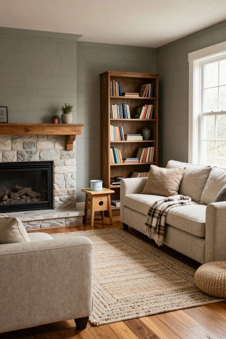Corner of a living room with sage green tiled wall, stone fireplace with burning logs, tall wooden bookcase filled with books, cream sofa with plaid throw, wooden stool, and seagrass rug on hardwood floors.