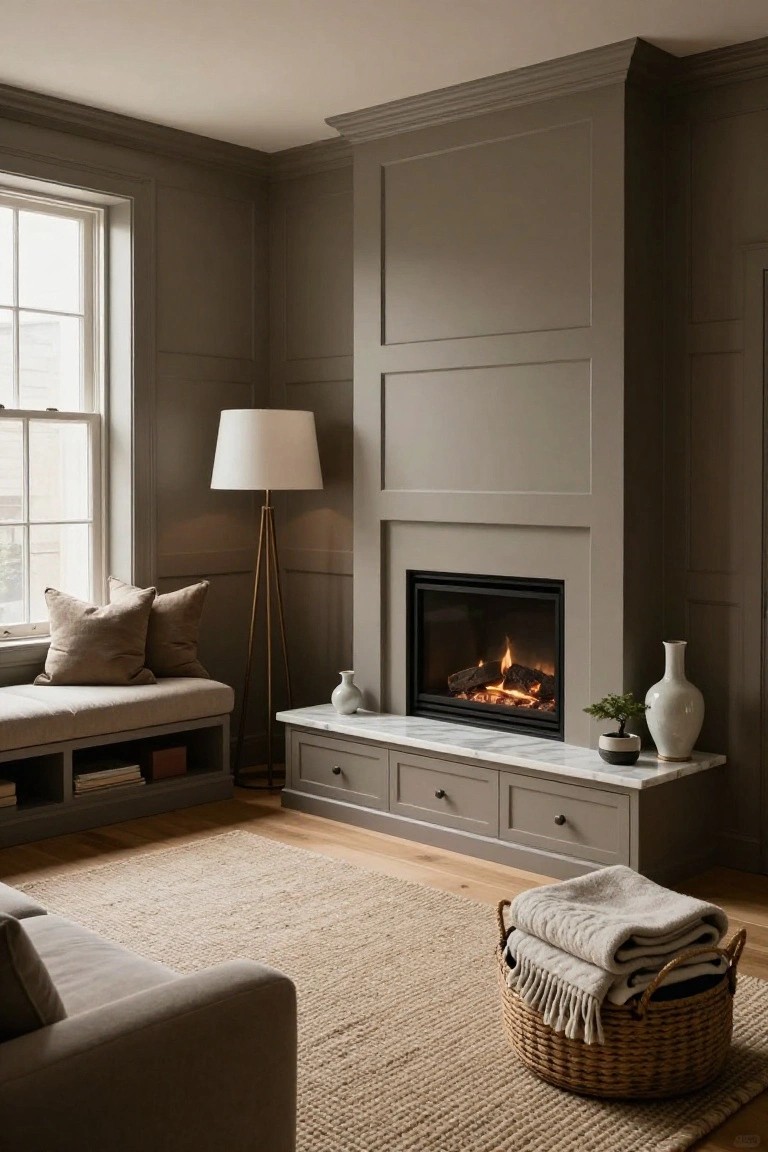 Gray paneled interior corner with gas fireplace on marble hearth and gray storage drawers below, built-in beige bench with cushions and bookshelves beside a window, floor lamp, sofa, seagrass rug, and wicker basket of blankets on oak floors.