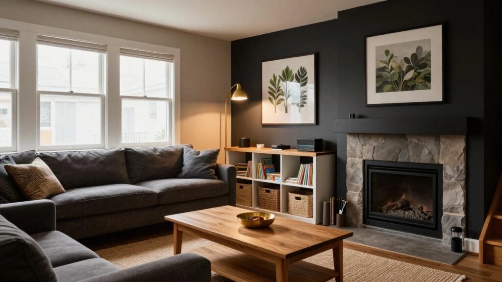 19 Beautiful Cozy Basement Family Room Ideas For Effortless Comfort Living room with tall black-painted wall featuring gas fireplace with stone surround, mounted TV above, built-in white bench with cushions and baskets beside it, gray sofa, wood coffee table on beige rug, hardwood floors, and arc lamp near window.