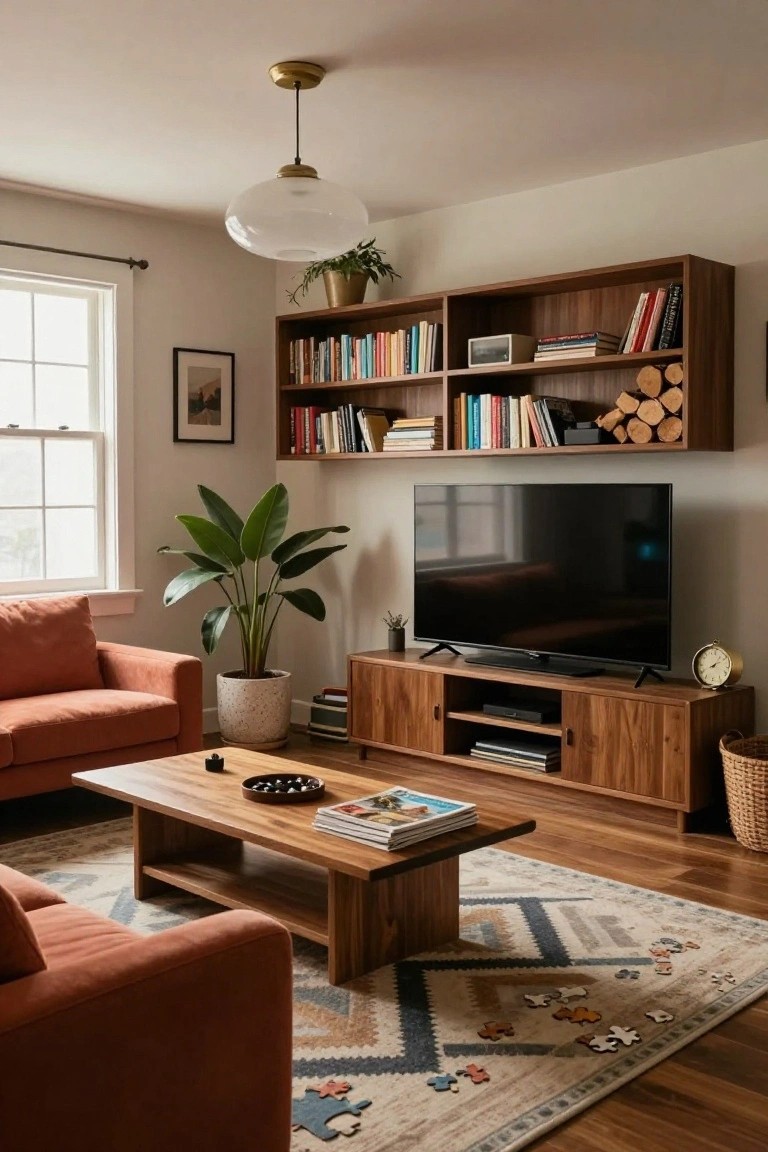 A living room interior with floating wooden shelves above a TV on a wood console, shelves holding books and firewood logs, an orange sofa, potted plants, wood coffee table, and patterned rug on wood floors.
