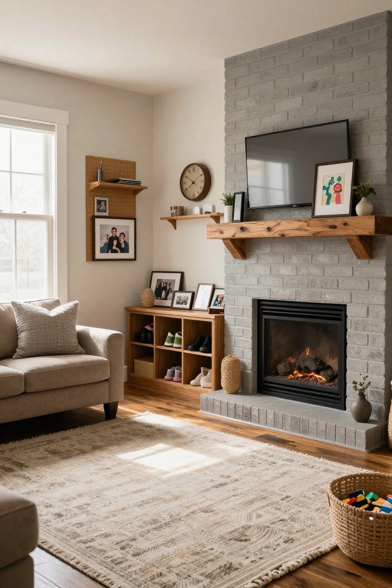 A cozy living room with a gray brick gas fireplace under a rustic wood mantel shelf holding photos, plants, and decor, a mounted TV above, beige sofa to the side, wood floors, and shelving units nearby.