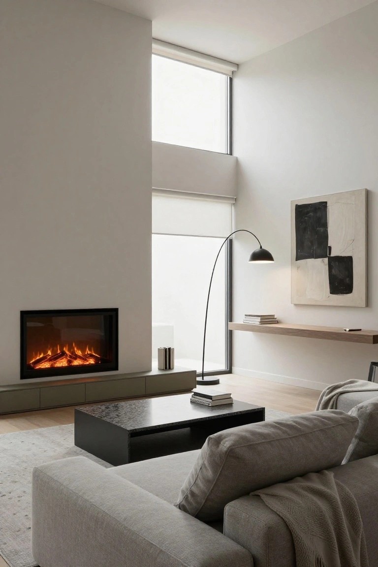 Modern minimalist living room with linear electric fireplace in black frame on low gray cabinets, gray L-shaped sofa with throw, black coffee table, arc floor lamp, abstract painting, and floating wood shelf beside large window with blinds.