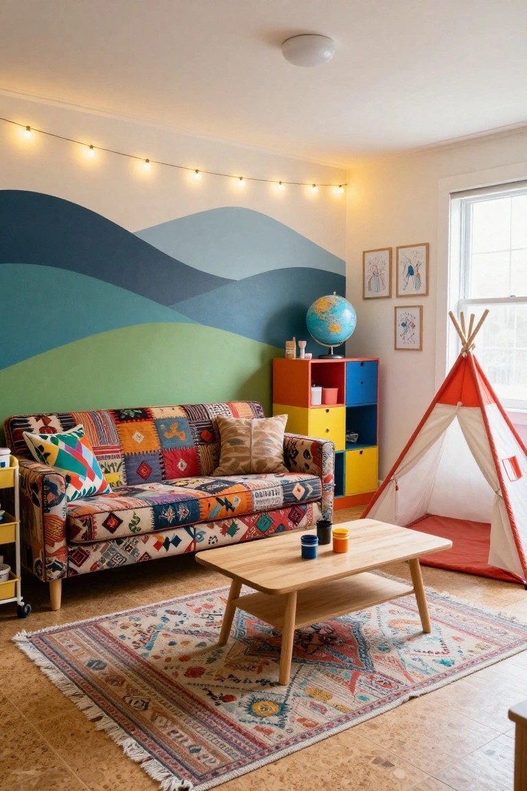 Cozy family room interior with a multicolored abstract mountain mural on one wall, patchwork sofa with pillows, wooden coffee table with mugs, orange and white teepee tent, string lights, globe, and patterned rug on cork flooring.