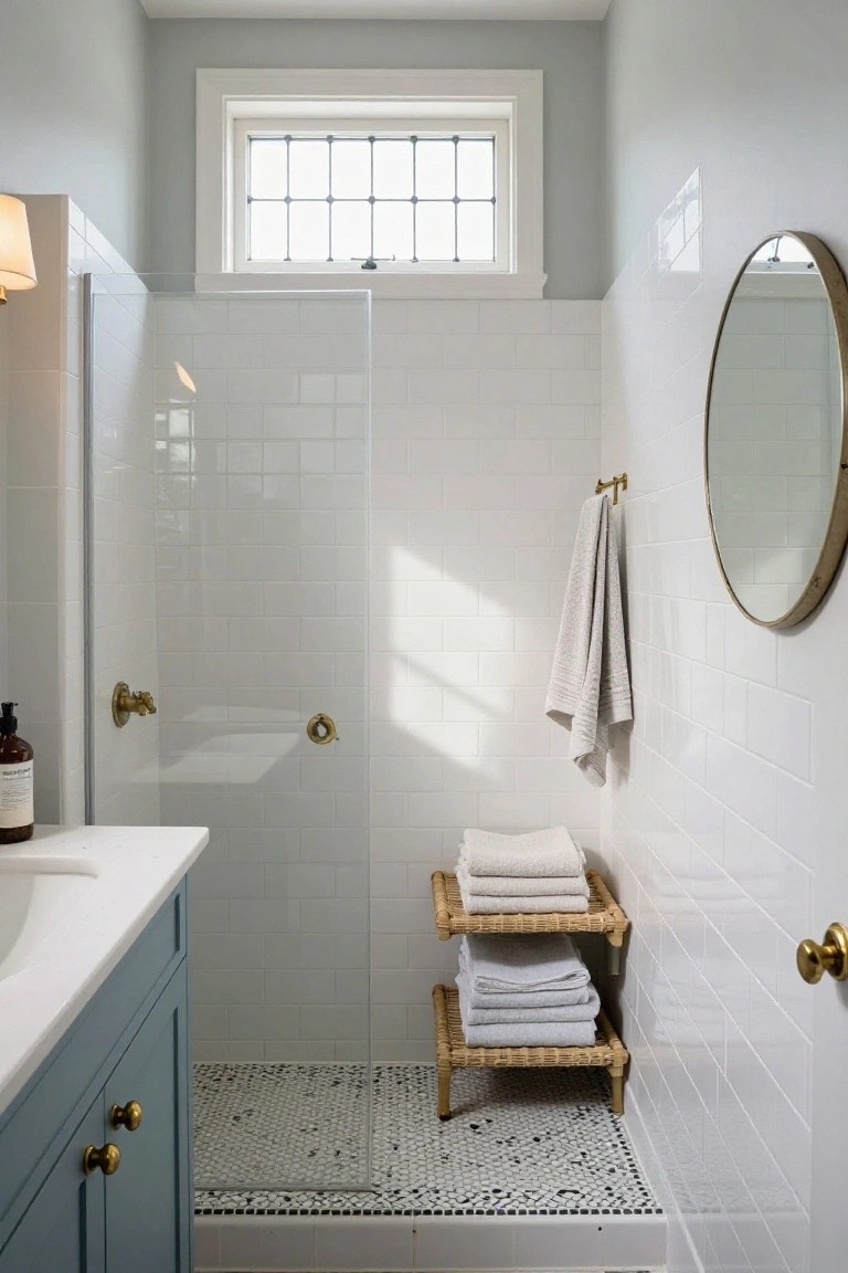 A compact bathroom with white subway tile walls, glass shower door, teal shaker-style vanity, gold fixtures, rattan towel shelf, and black-and-white dotted tile shower floor.