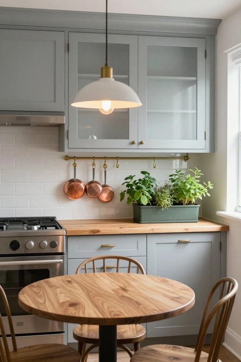 Small kitchen interior with light gray cabinets, white subway tile backsplash, brass wall rail holding three copper pots, rectangular green herb planter on wooden countertop next to gas stove, and round wooden pedestal table with cane-backed chairs.