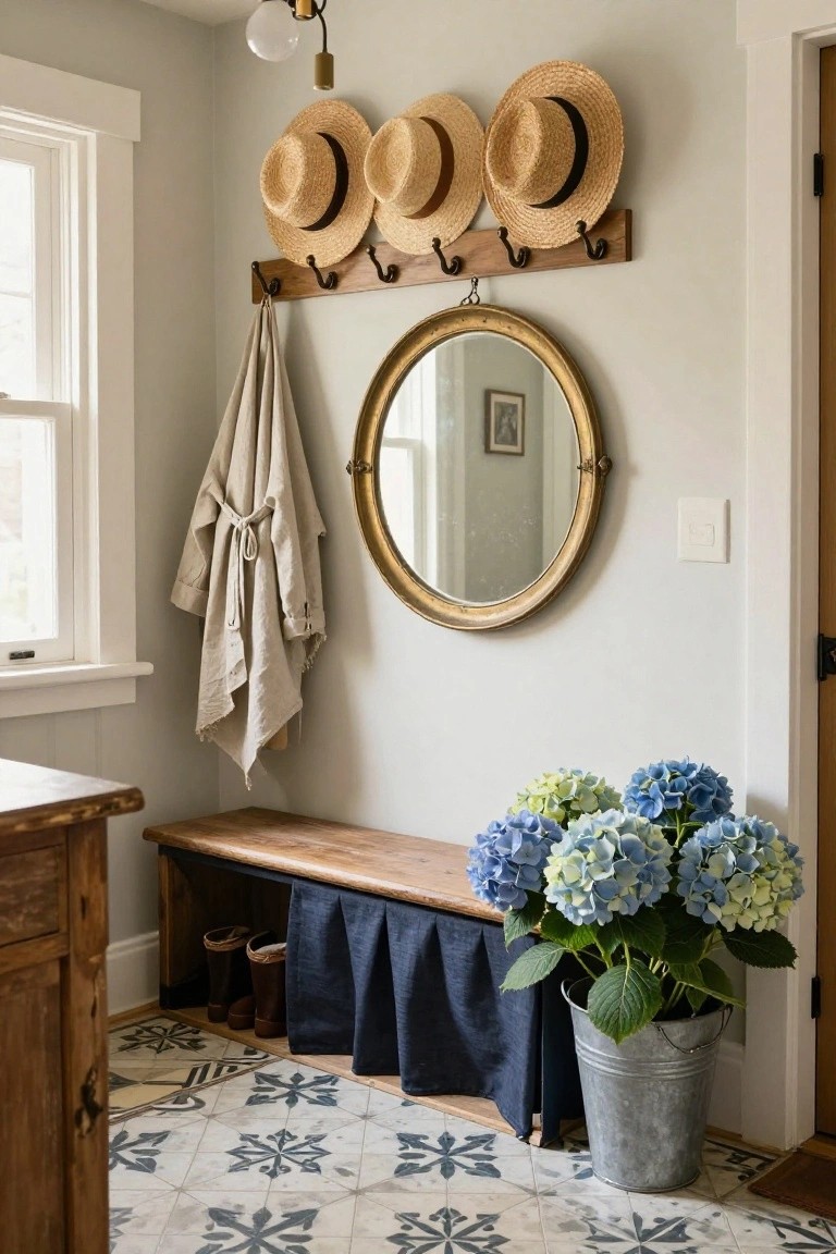 Light gray entryway interior with wooden hooks holding three straw hats, linen towel hanging nearby, round gold mirror on wall, wooden bench with blue fabric skirt and rubber boots underneath, blue hydrangeas in galvanized bucket on blue snowflake-patterned tile floor.