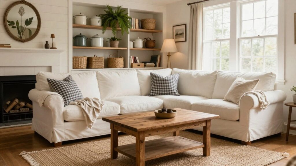 Living room corner with white shiplap walls, black fireplace, white slipcovered sofa with beige gingham pillows and throw, wooden coffee table holding a potted fern, wood shelves with white pots and baskets, round gold mirror, and seagrass rug.
