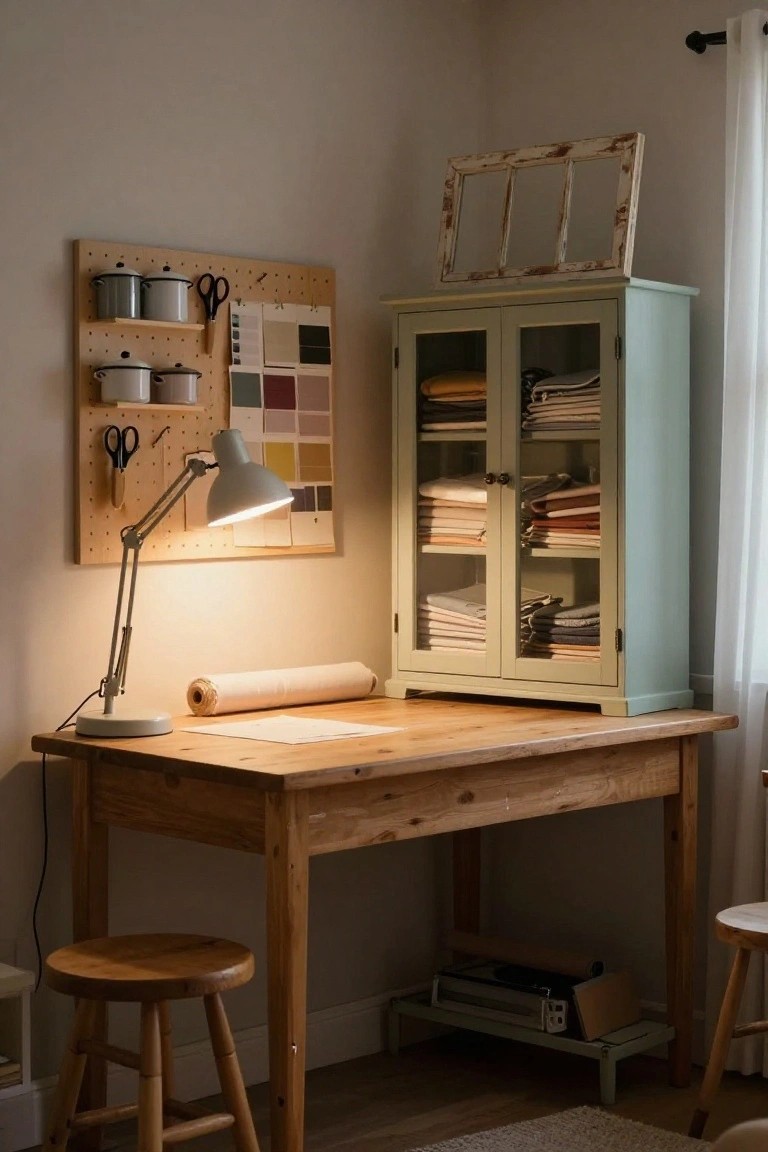 Wooden desk with desk lamp and paper roll in a corner workspace, pegboard wall with hanging jars, scissors, and color samples, and nearby glass-door cabinet filled with folded fabrics.