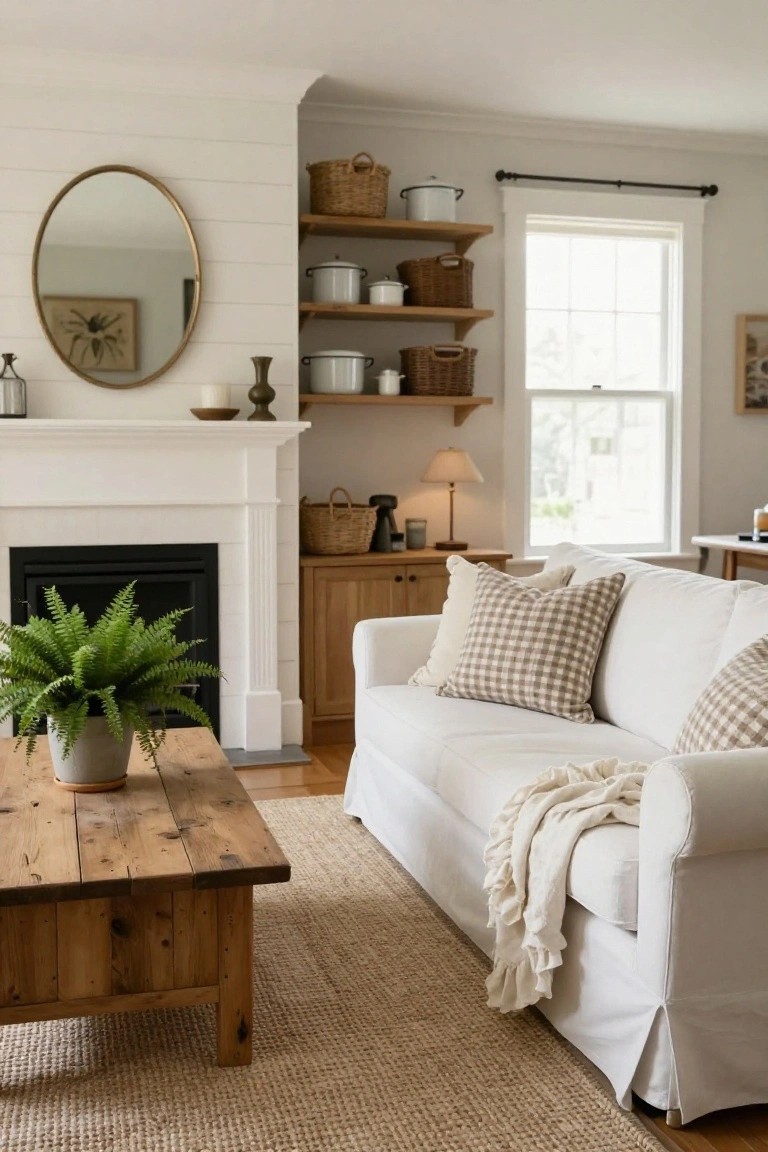 Living room corner with white shiplap walls, black fireplace, white slipcovered sofa with beige gingham pillows and throw, wooden coffee table holding a potted fern, wood shelves with white pots and baskets, round gold mirror, and seagrass rug.