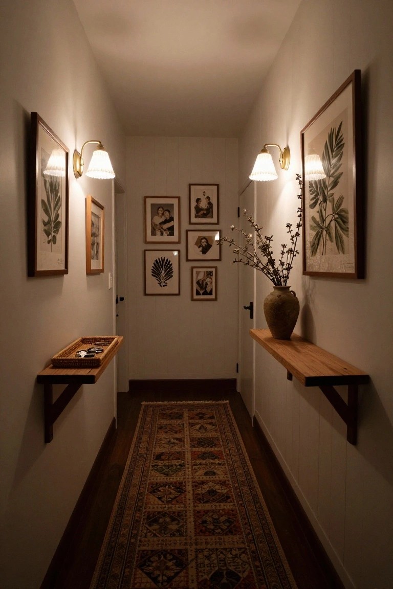 A dimly lit narrow interior hallway with light wood plank flooring, a centered oriental runner rug, matching wooden floating shelves on opposite walls holding a wicker tray with keys on one side and a terracotta vase of dried branches on the other, flanked by framed botanical prints and wall sconces.
