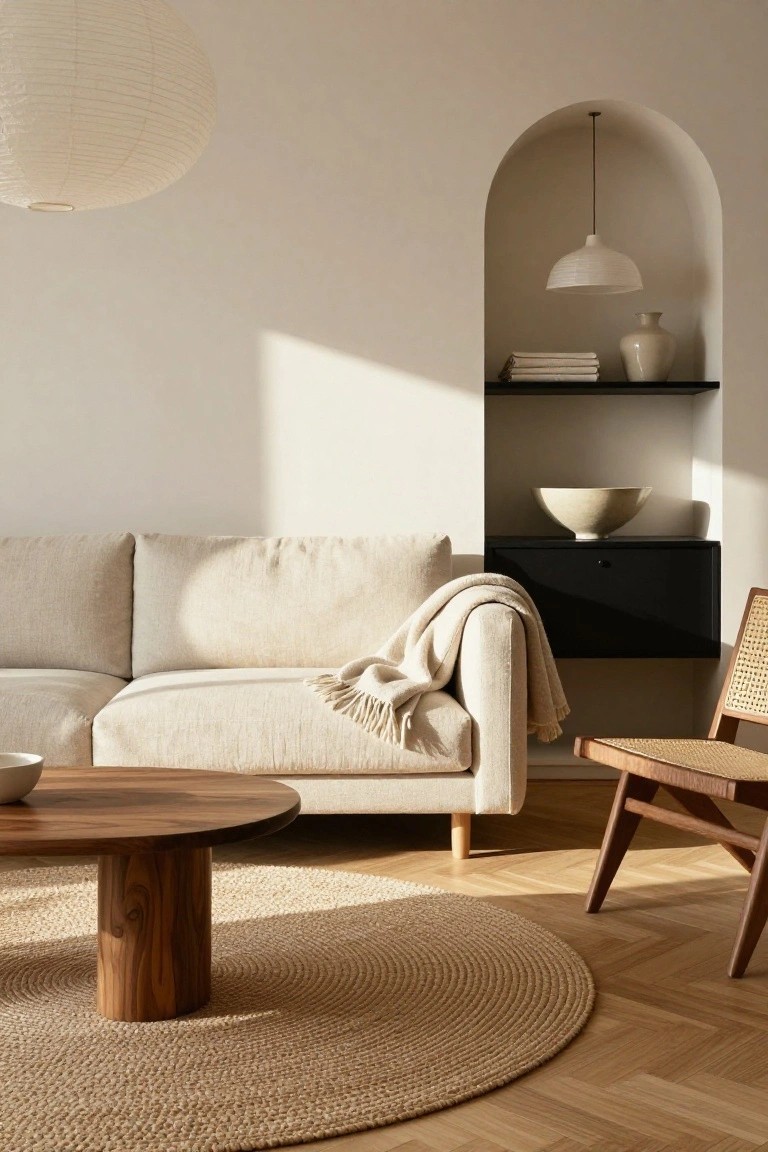 Light beige living room with cream sofa draped in a throw, round wooden coffee table, rattan chair, seagrass rug, arched wall niche with shelves holding books and ceramics plus a black cabinet below, pendant lights, and herringbone wood floors.
