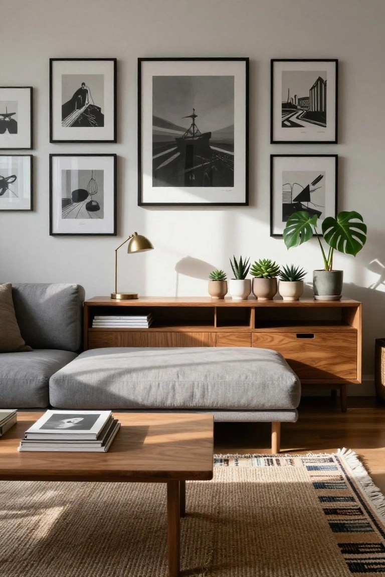 Modern apartment living room with a gallery wall of black-framed black-and-white architectural prints above a wooden media console holding stacked books and potted succulents, next to a gray L-shaped sofa, wooden coffee table, and seagrass rug.