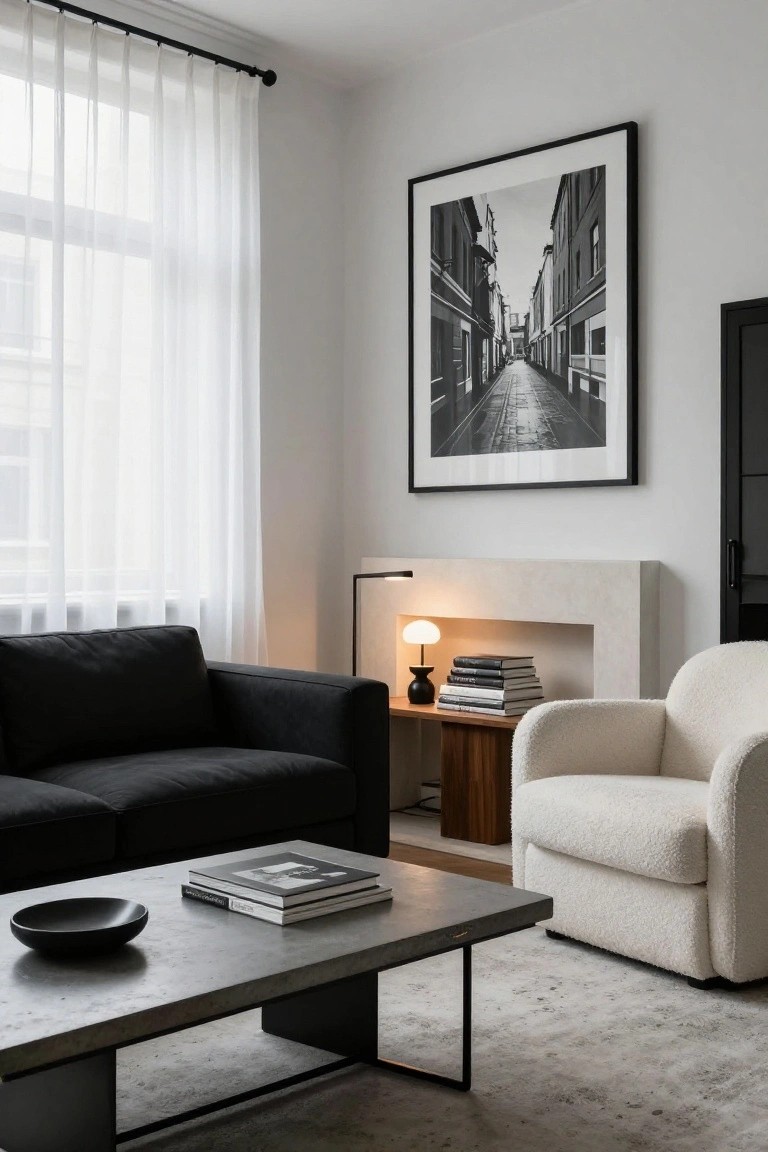 Modern apartment living room with black leather L-shaped sofa, white sheepskin armchair, rectangular concrete coffee table holding a black bowl and books, wood side table by beige fireplace with lamp and books, large framed black-and-white photo of narrow street, sheer white curtains on window, gray rug, white walls, black door.