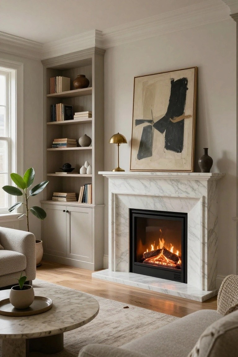 A cozy living room with a white marble fireplace flanked by tall gray built-in bookshelves stocked with books, ceramics, and plants, plus a beige sofa, marble coffee table, and abstract artwork on the wall.