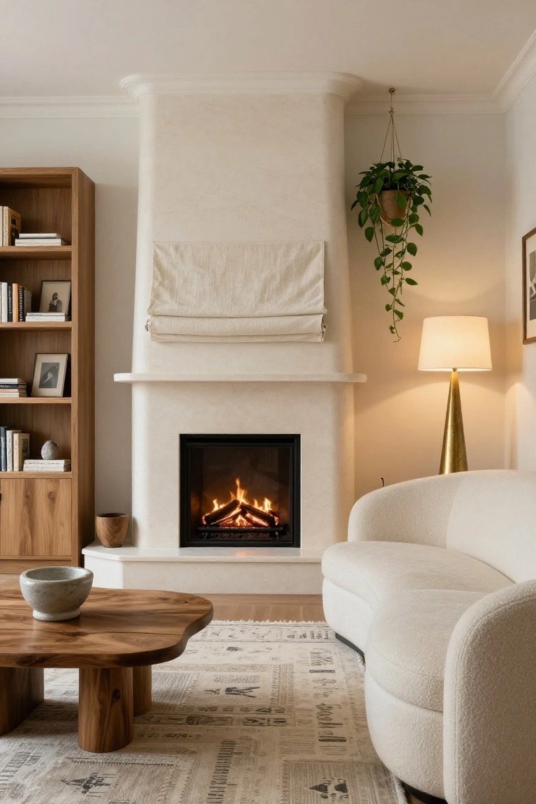 A living room interior with a curved creamy plaster fireplace containing a lit gas fire, flanked by wooden bookshelves, a white curved sofa, live-edge wooden coffee table, neutral rug, hanging plant, and brass lamp.