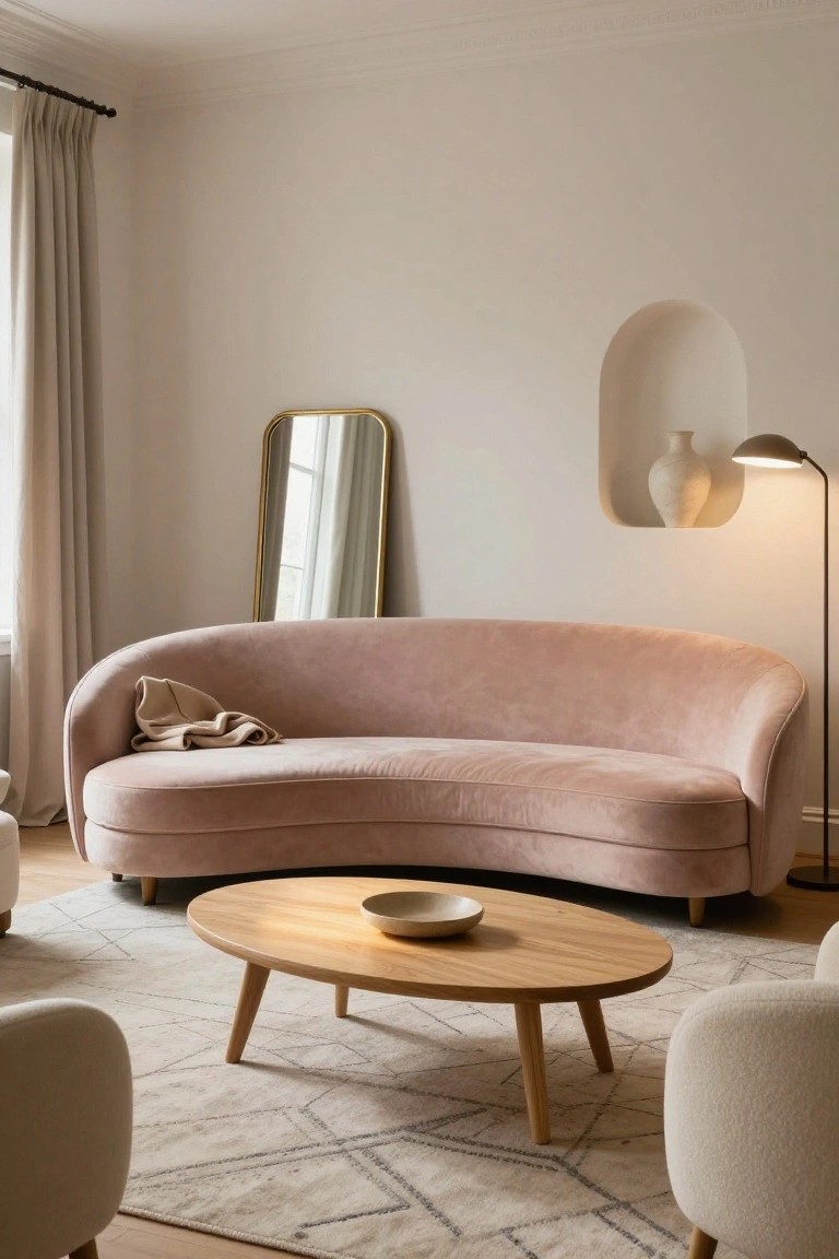 A living room with a curved blush pink velvet sofa, oval wooden coffee table on a beige rug, gold arched mirror, arched wall niche holding a white vase, arc floor lamp, and cream pouf chairs.