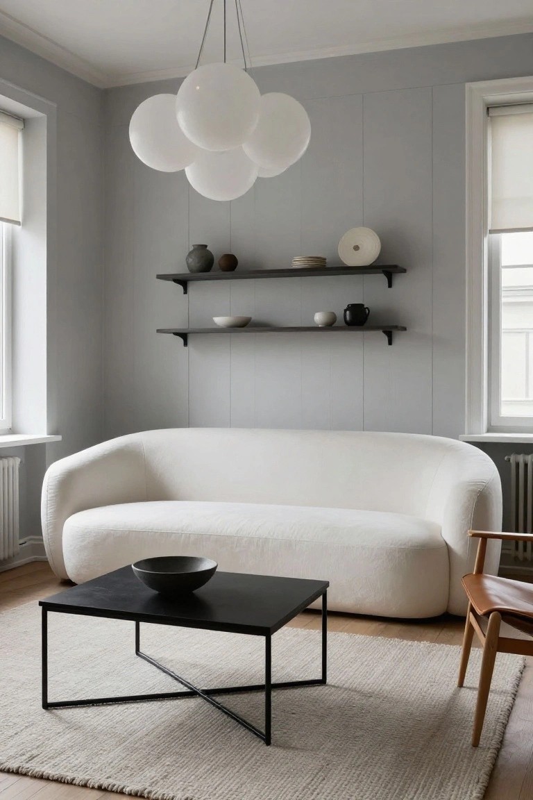 Light gray living room with large curved white sofa, black metal coffee table holding a black bowl, floating shelves displaying ceramic vases and bowls, seagrass rug, leather chair, and white bubble pendant light.