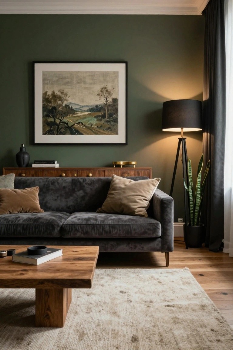 A living room interior with dark green walls, dark gray velvet sofa with beige pillows, wooden coffee table and credenza, black tripod floor lamp next to a potted snake plant, and a large framed landscape painting above the credenza.