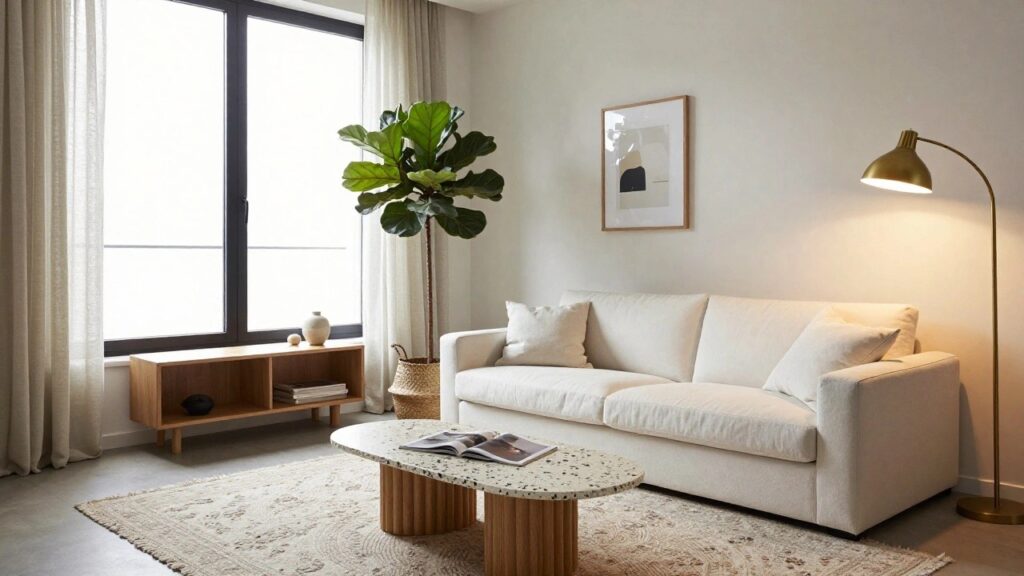 19 Chic Apartment Living Room Design For A Calm Designer Vibe Apartment living room with white slipcovered sofa, low wooden coffee table, tall fiddle leaf fig plant in seagrass basket next to sofa, gold arc floor lamp, sheer curtains on window, wooden side table, and beige rug.