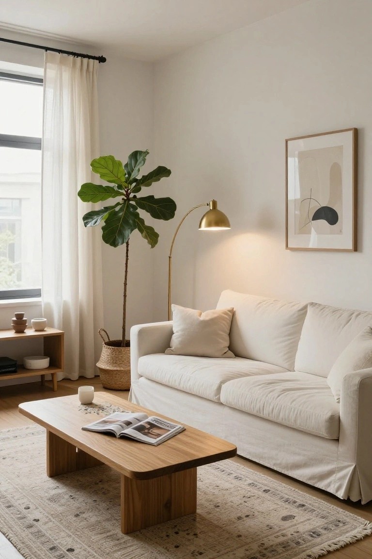 Apartment living room with white slipcovered sofa, low wooden coffee table, tall fiddle leaf fig plant in seagrass basket next to sofa, gold arc floor lamp, sheer curtains on window, wooden side table, and beige rug.