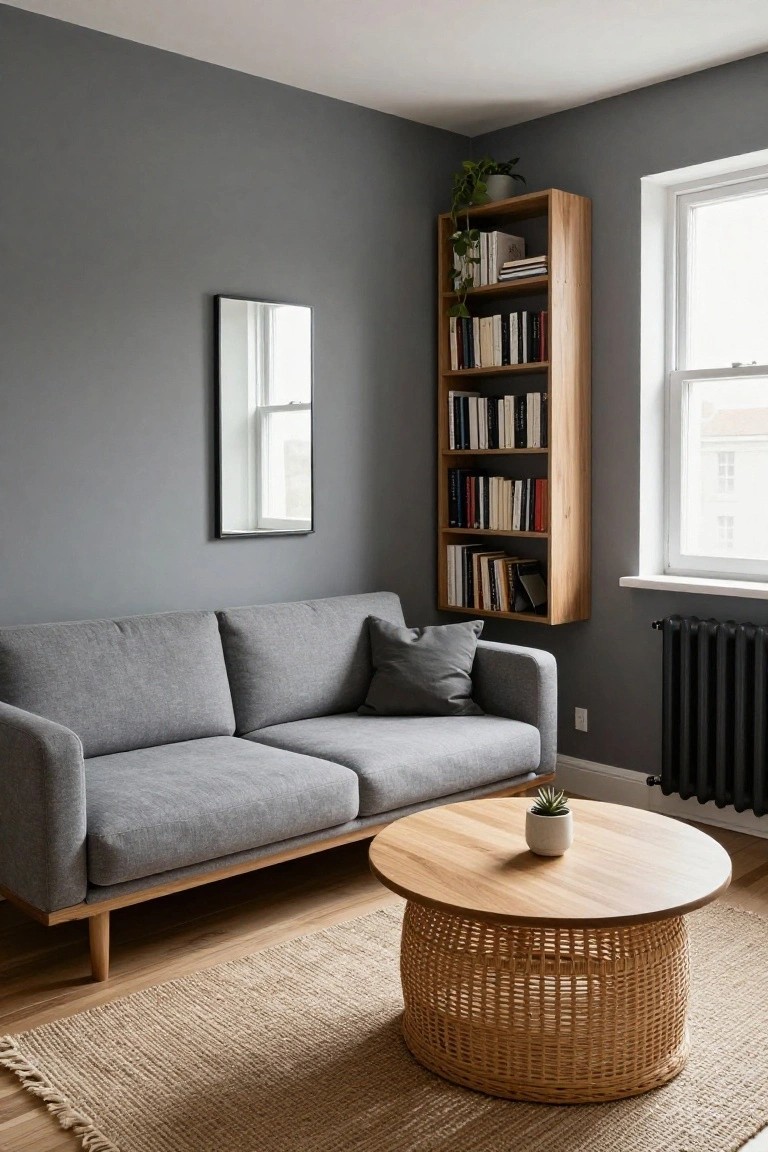 Apartment living room corner featuring light gray walls, a two-seater gray sofa, round wooden coffee table with rattan base and potted succulent, wall-mounted wooden bookshelf with books and trailing plant, slim rectangular mirror, jute rug, black radiator under window, and hardwood floor.