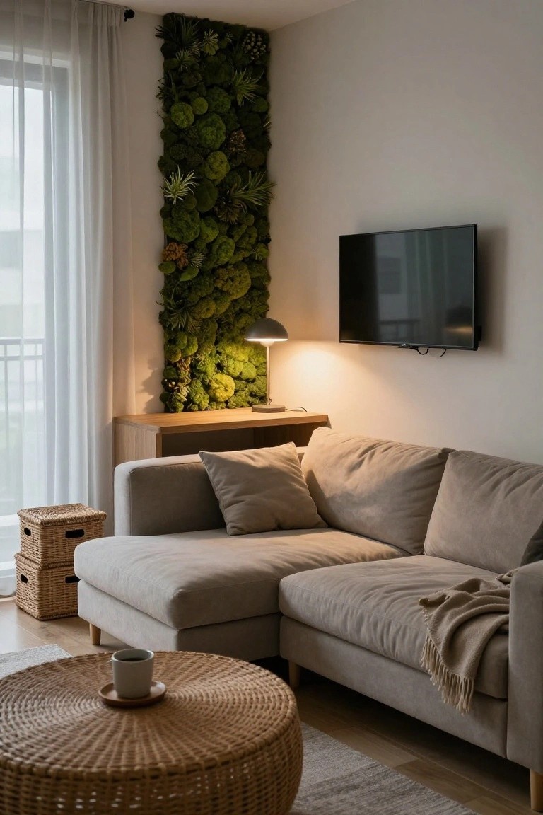Apartment living room with tall vertical green moss and plant wall beside beige L-shaped sofa, rattan coffee table with white cup and saucer, wooden credenza and lamp, wall-mounted TV, and sheer curtained window.