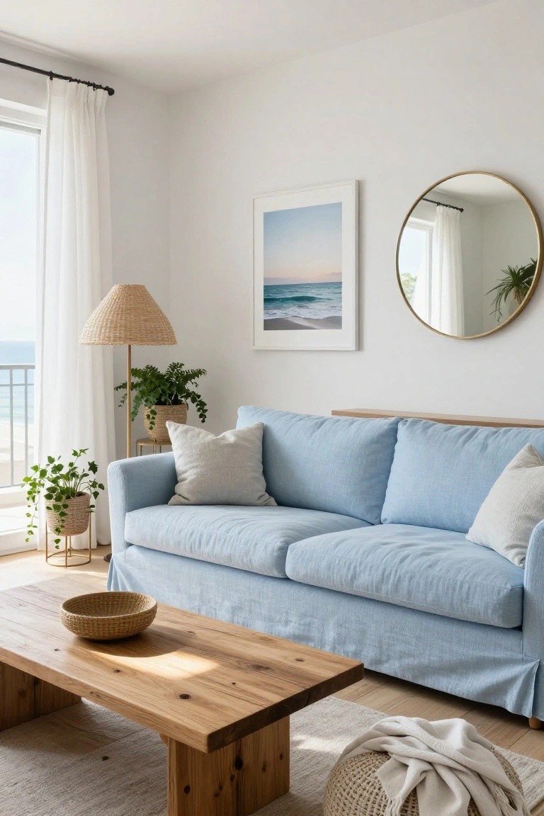 Apartment living room with light blue slipcovered sofa, wooden coffee table holding rattan basket, rattan floor lamp, potted plants, round gold mirror, ocean artwork, sheer curtains, and sea view through balcony windows.