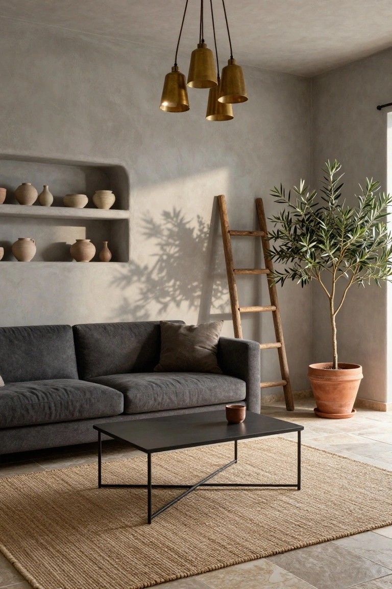 Living room corner with beige textured plaster walls featuring built-in arched niches displaying various terracotta pottery, gray fabric sofa, black metal coffee table with cup, leaning wooden ladder next to potted olive tree in terracotta pot, brass pendant lights overhead, jute rug on tiled floor.