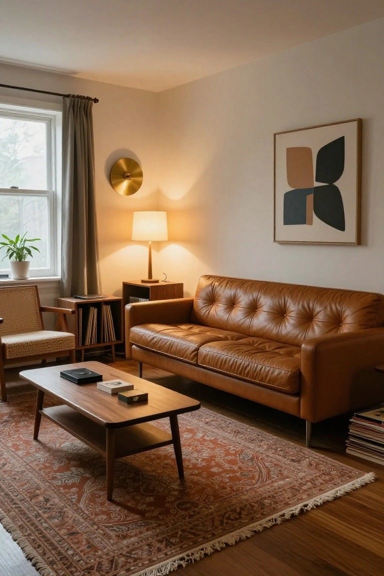 Cozy living room featuring a brown leather sofa, wooden coffee table, and abstract wall art.