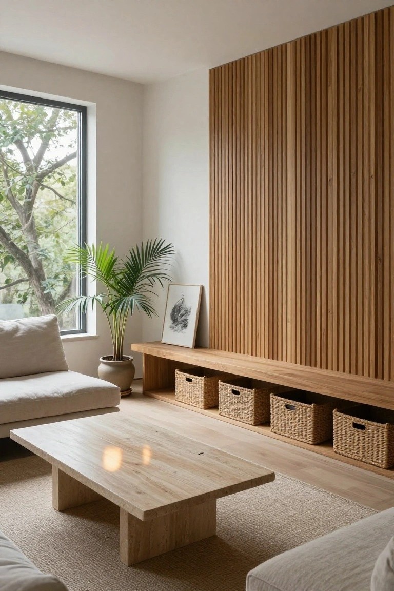 Minimalist living room with full-height vertical wooden slat wall, integrated bench with cubbies holding woven baskets, low wooden coffee table, cream sofa, potted palm plant, and window showing outdoor trees.