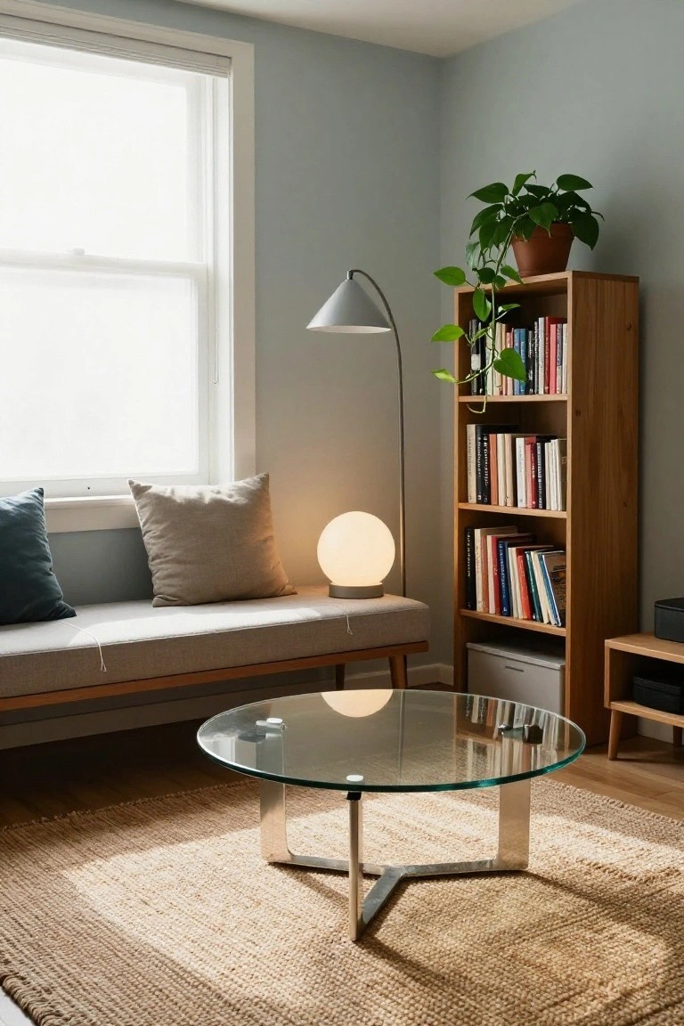 Light-filled apartment living room featuring pale blue-green walls, a tall wooden bookshelf with books and a trailing potted plant, a wooden-framed beige daybed with teal and cream pillows, a glass coffee table on a seagrass rug, two nearby lamps, and a large window with sheer blinds.