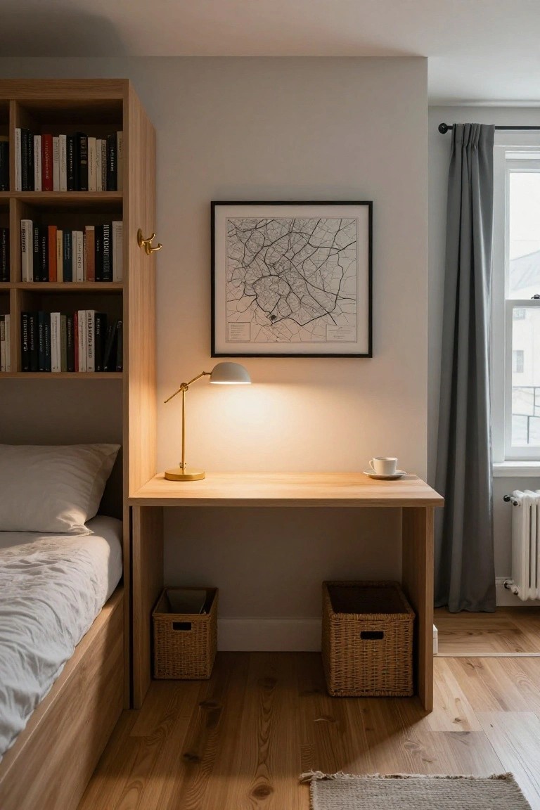Wooden built-in bookshelf and low desk positioned next to a platform bed in a simply furnished room with a wall map, task lamp, teacup, and wicker storage baskets.
