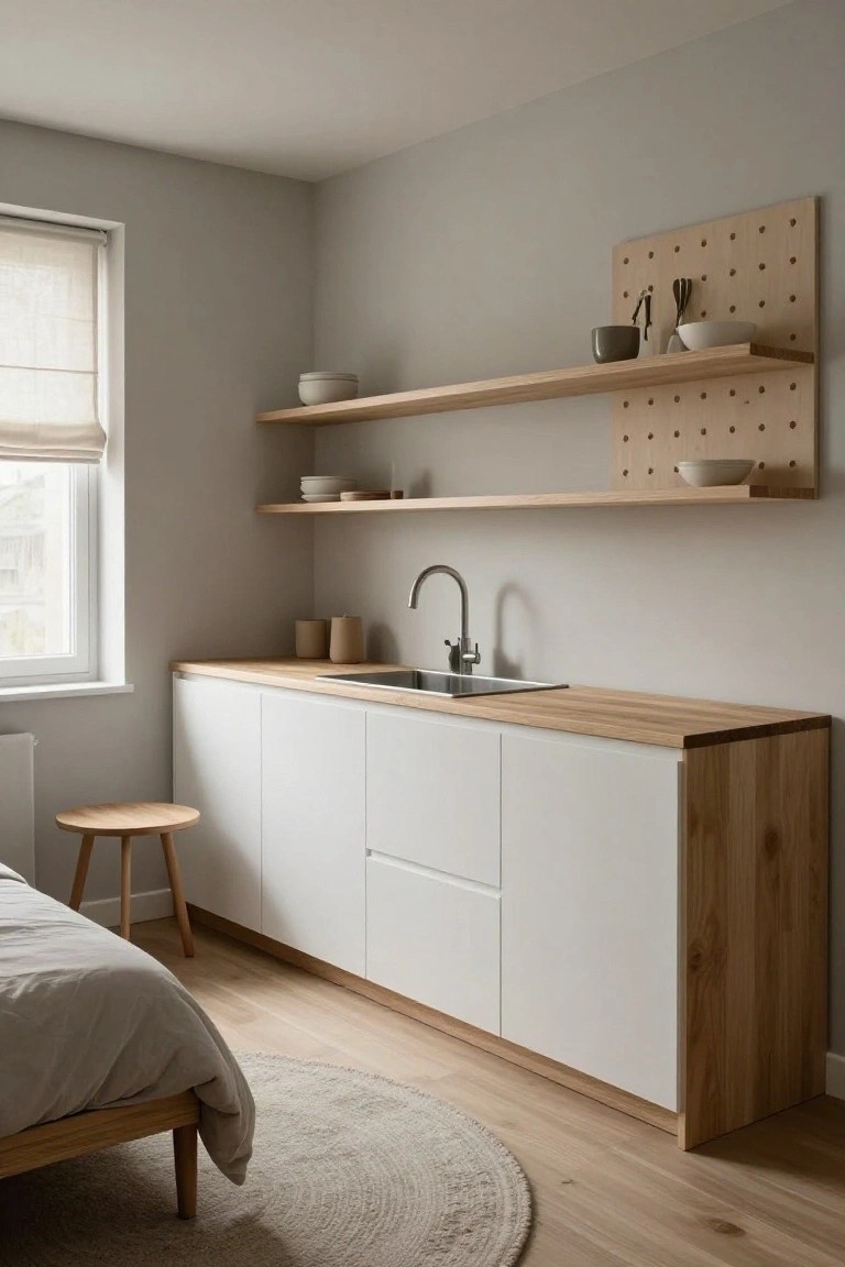 Small indoor kitchenette with white lower cabinets, light oak countertop and upper shelves, stainless sink, pegboard wall organizer with utensils and bowls, wooden stool, and bed in corner on light wood floors with gray walls and beige rug.